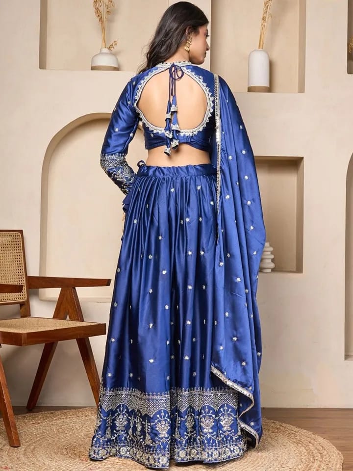 Women’s Royal Blue Embroidered Lehenga Choli Set with Dupatta