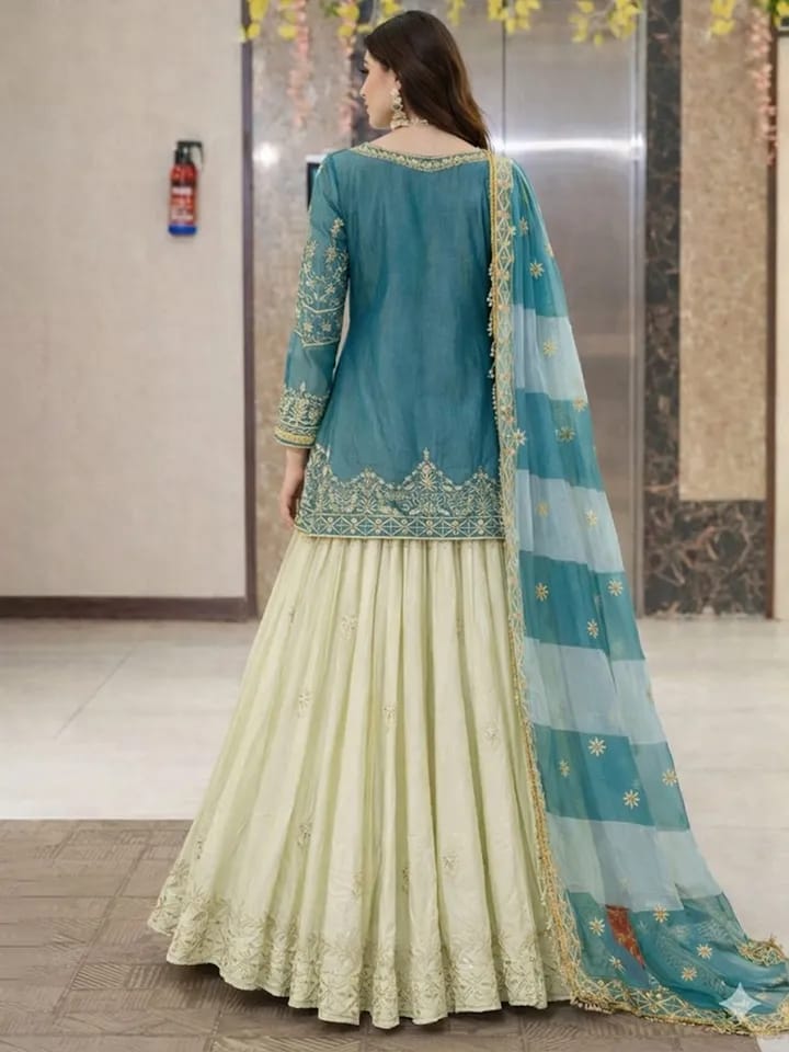 Women’s Teal Embroidered Kurta with Flared Skirt & Net Dupatta Set