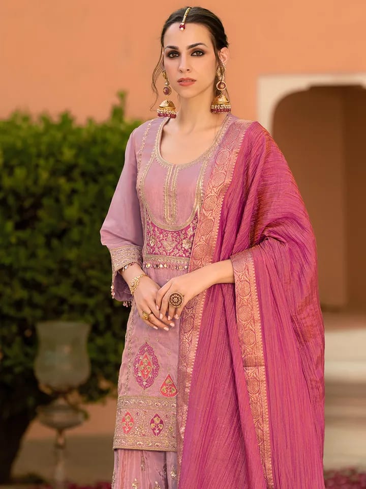 Women’s Mauve & Pink Embroidered Festive Kurta Set with Dupatta