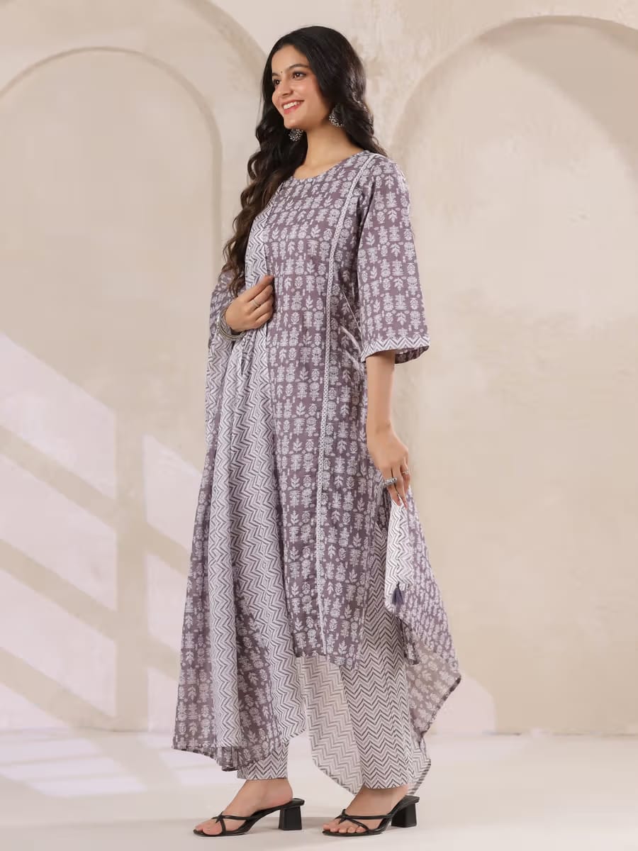 Women’s Grey & White Printed Cotton Kurta Set with Pants and Dupatta