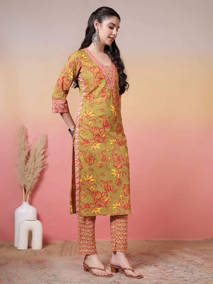 Women’s Olive Green Floral Printed Kurta Set