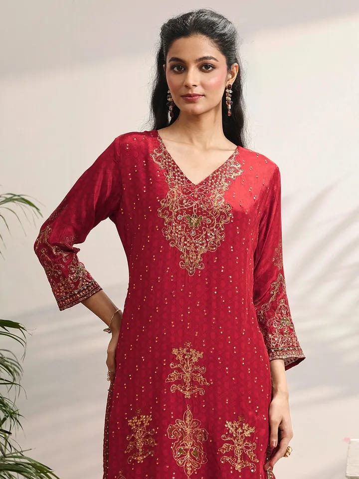 Women’s Red Embroidered Festive Kurta