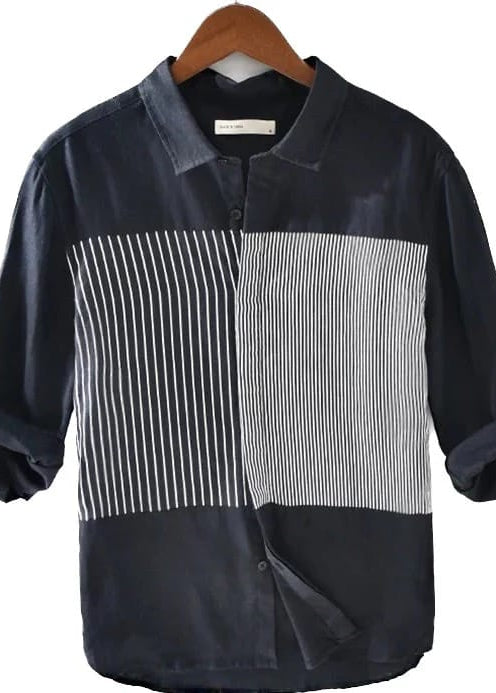 Men’s Navy Blue Colorblock Striped Casual Shirt