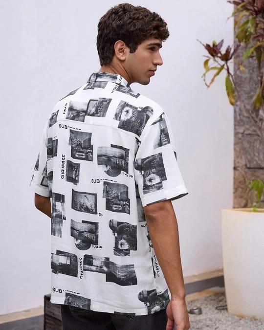 Men’s Abstract Graphic Printed Casual Shirt – Short Sleeve (White & Black)