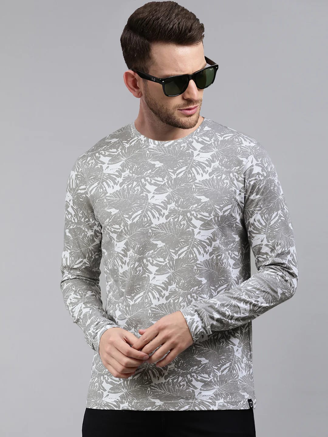 Men’s Grey Tropical Leaf Print Full Sleeve T-Shirt