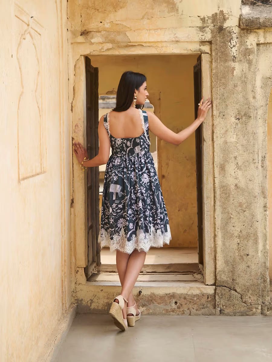 Women’s Black Floral Sleeveless Fit & Flare Dress with Lace Hem