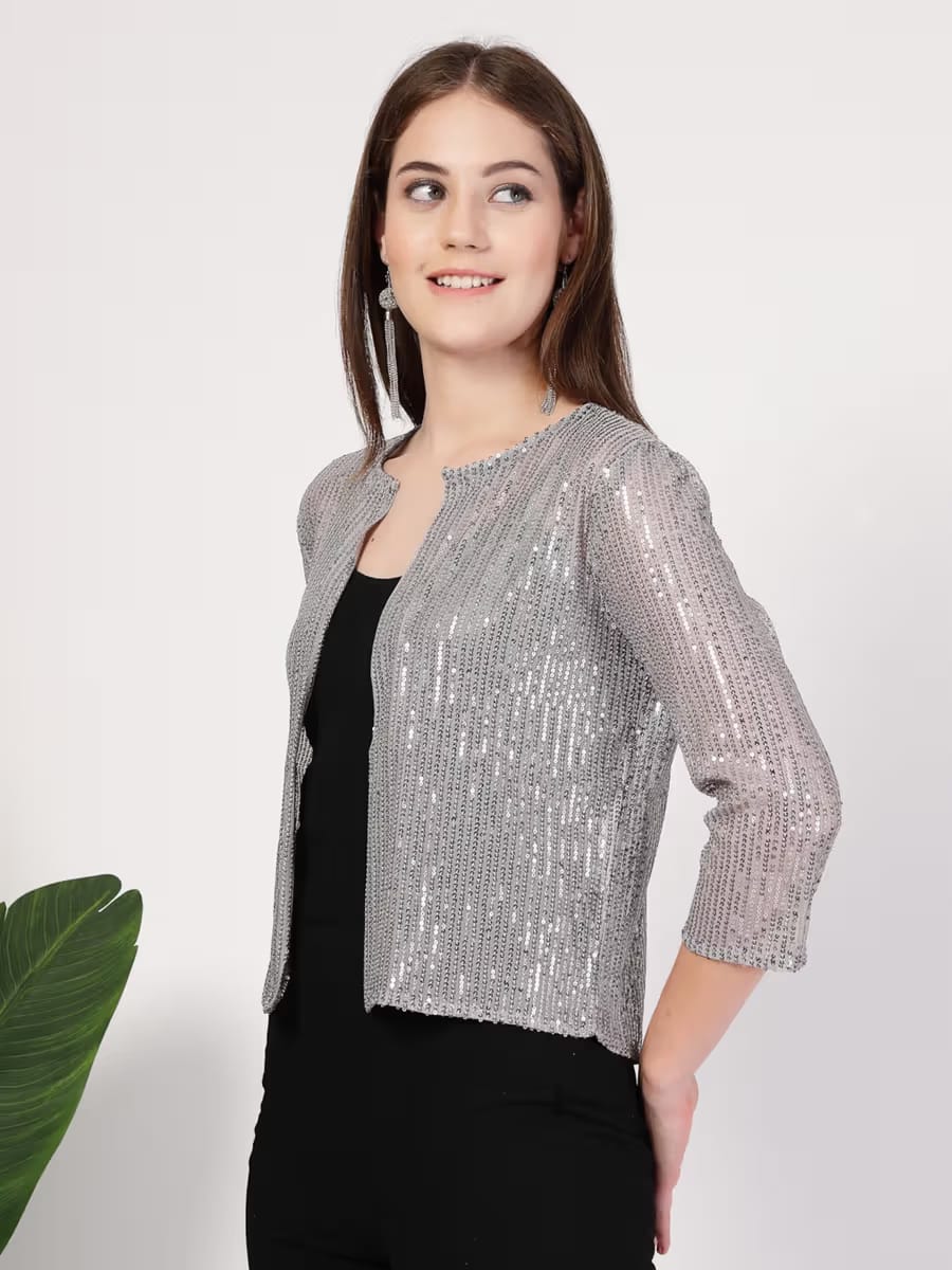 Women’s Silver Sequin Open Front Jacket – Party Wear Shimmer Shrug