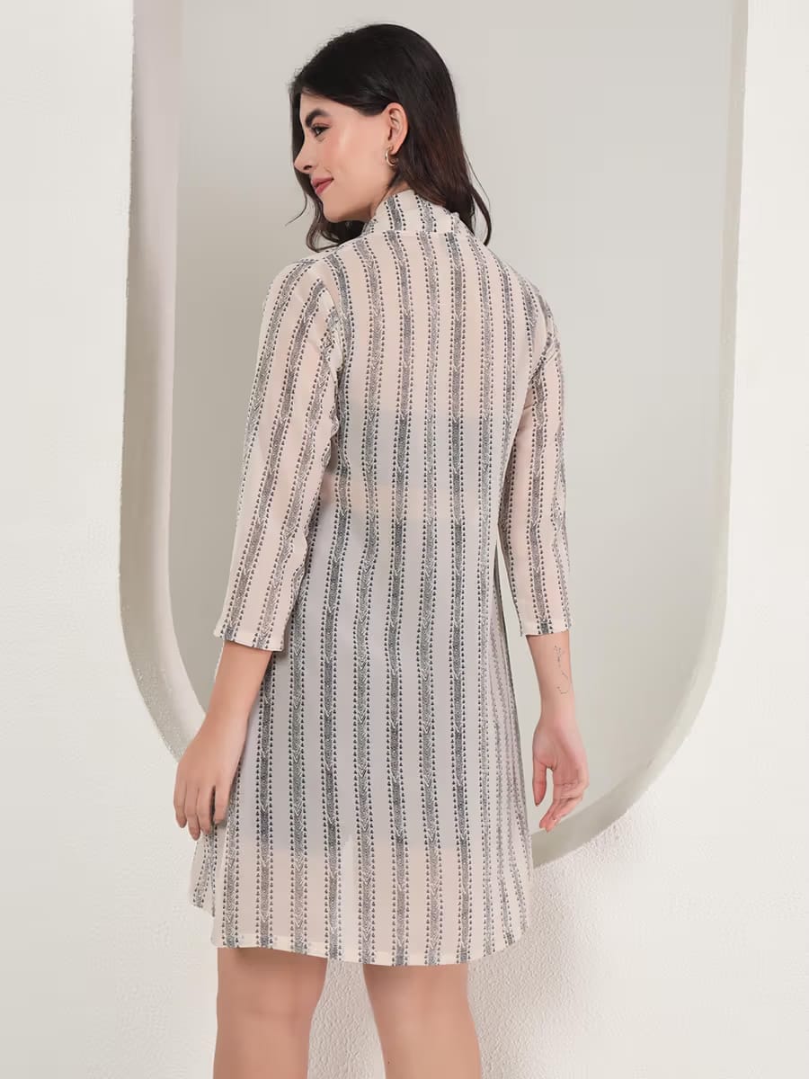 Women’s Beige Striped Longline Shrug – Lightweight Open Front Casual Layer