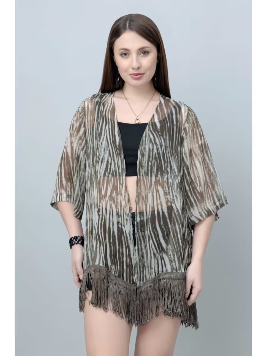 Women’s Olive Abstract Printed Fringe Kimono – Open Front Shrug