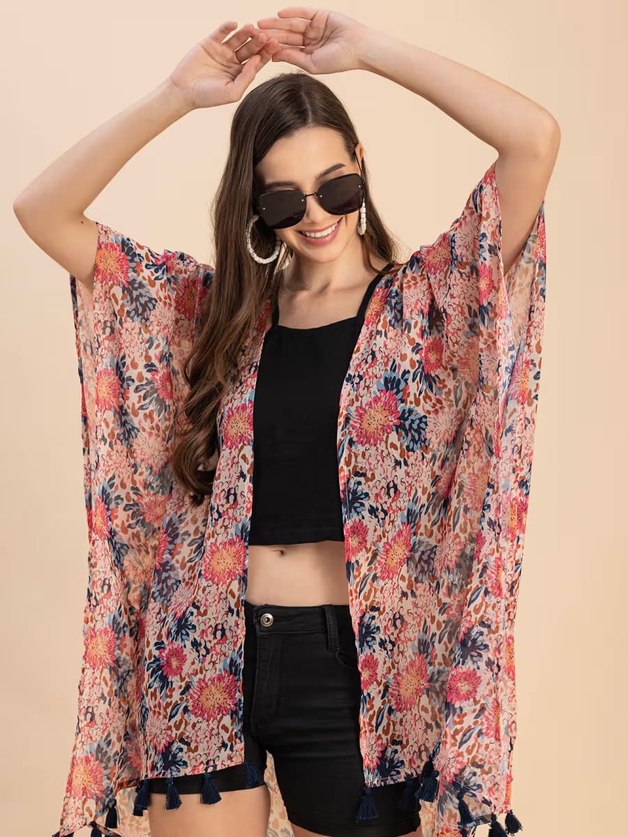 Women’s Floral Printed Tassel Kimono Shrug – Lightweight Beach Cover-Up (Multicolor)