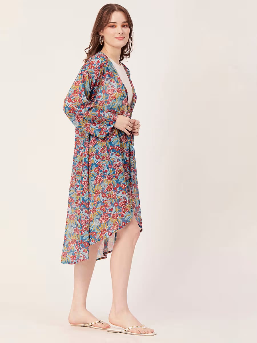Women’s Floral Printed Long Kimono Shrug – Lightweight Open Front Beach Cover-Up