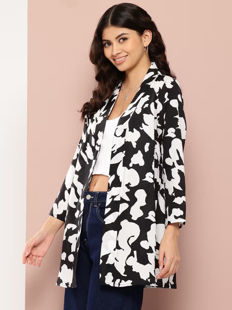 Women’s Black & White Abstract Printed Long Shrug – Open Front Casual Layering Jacket