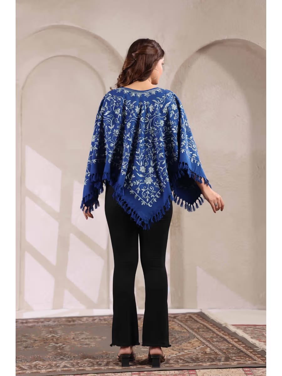 Women’s Blue Embroidered Poncho Top with Tassel Hem