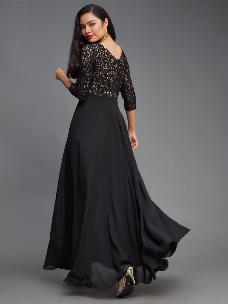 Women’s Black Lace Bodice A-Line Maxi Evening Gown