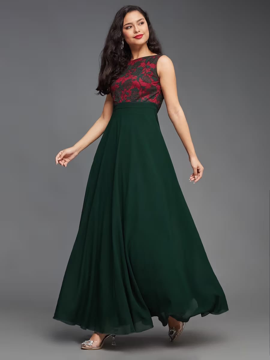 Women’s Sleeveless Floral Lace Maxi Dress – Red & Green
