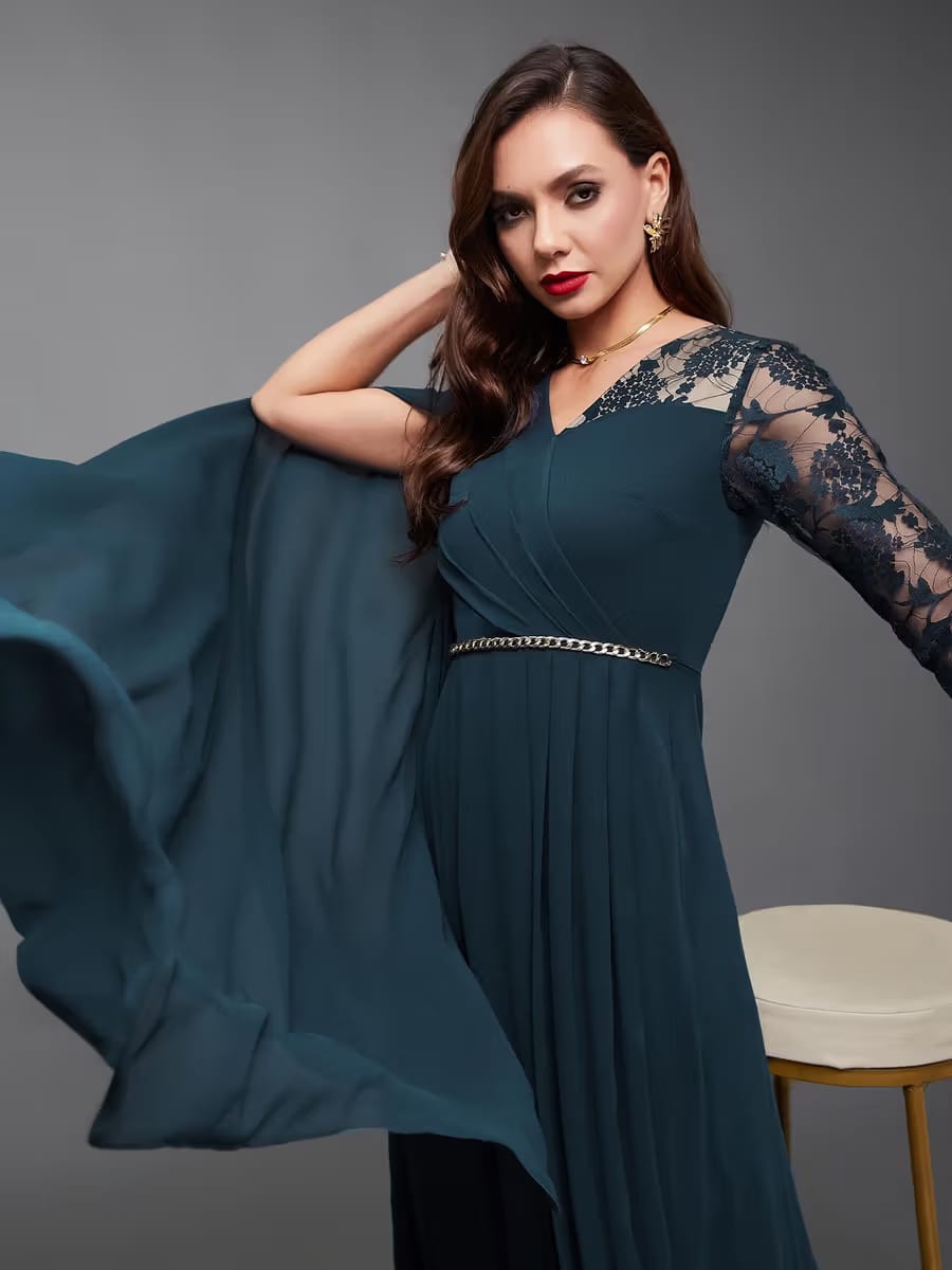 Women’s Elegant Lace Sleeve Cape Style Maxi Dress – Dark Teal