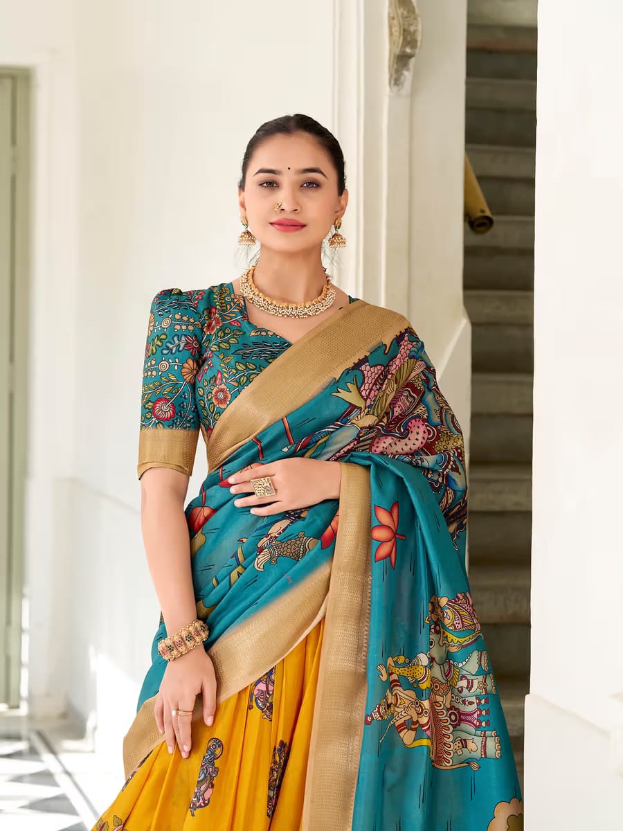 Women’s Traditional Mustard Printed Lehenga Choli with Teal Dupatta