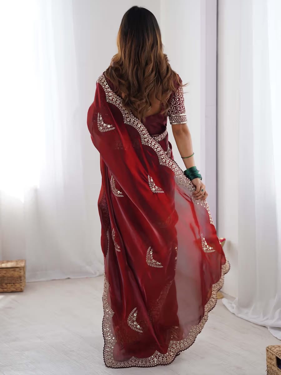 Women's Maroon Embroidered Designer Saree