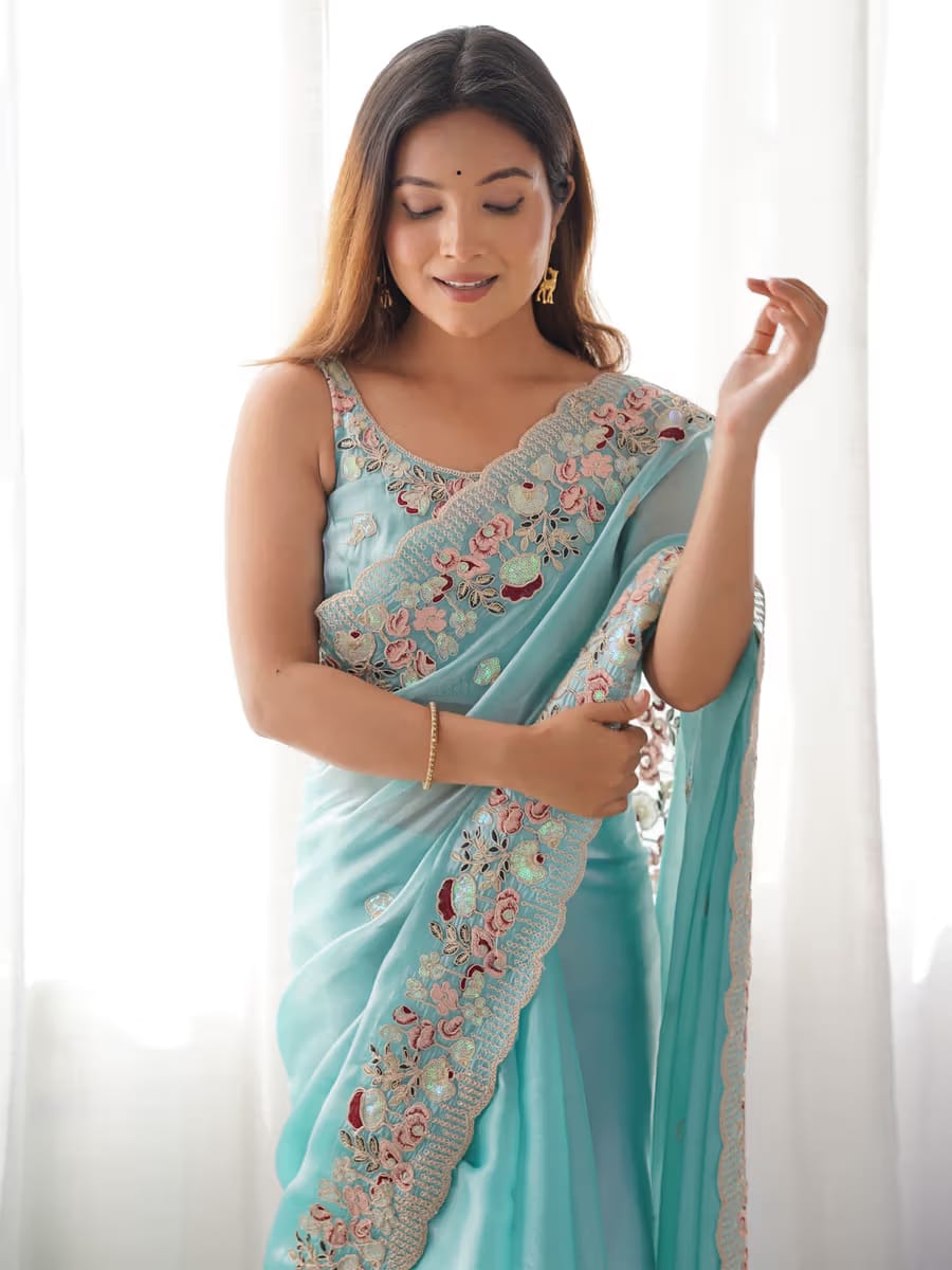 Women’s Sky Blue Embroidered Designer Saree