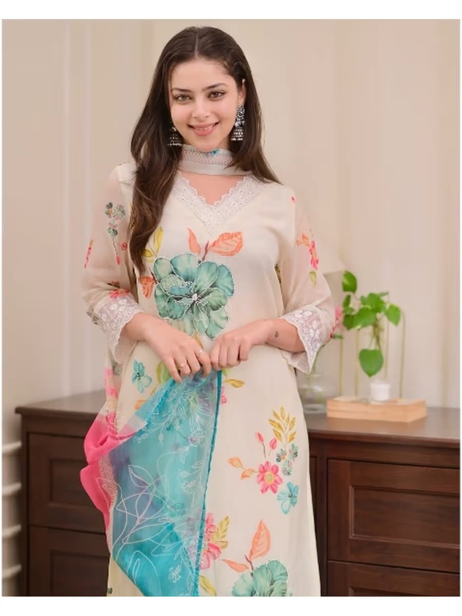 Women’s Cream Floral Printed Kurta Pant Set with Multicolor Dupatta – Elegant Ethnic Wear