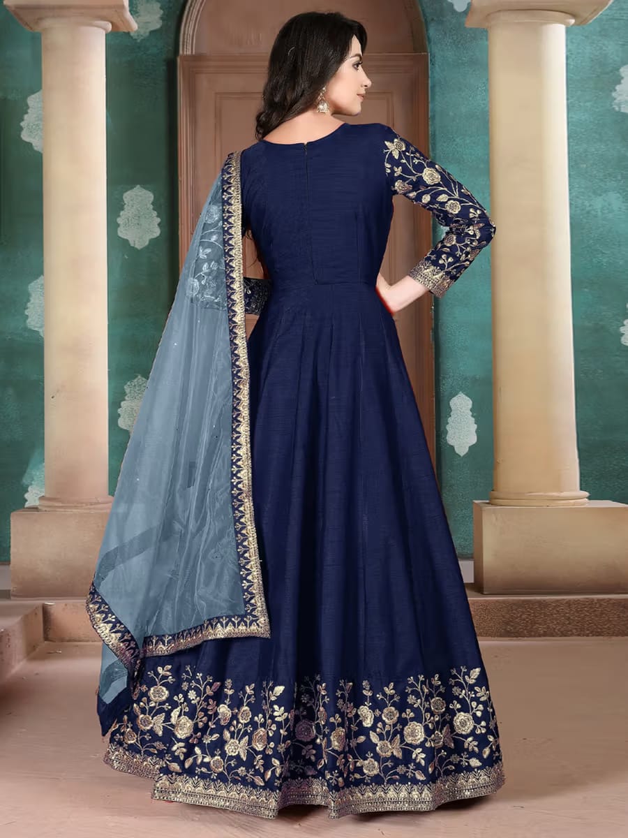 Women’s Navy Blue Embroidered Anarkali Gown with Dupatta