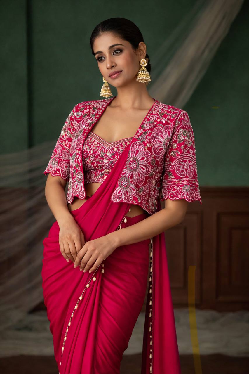 Women’s Designer Pink Saree with Embroidered Blouse & Jacket