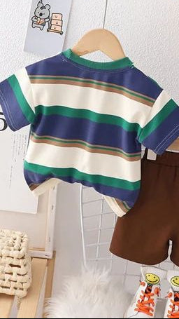 Kids Striped T-Shirt & Brown Shorts 2-Piece Set