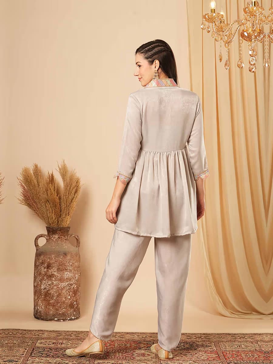 Women’s Grey Silk Blend Flared Kurti with Dhoti Pants Co-ord Set