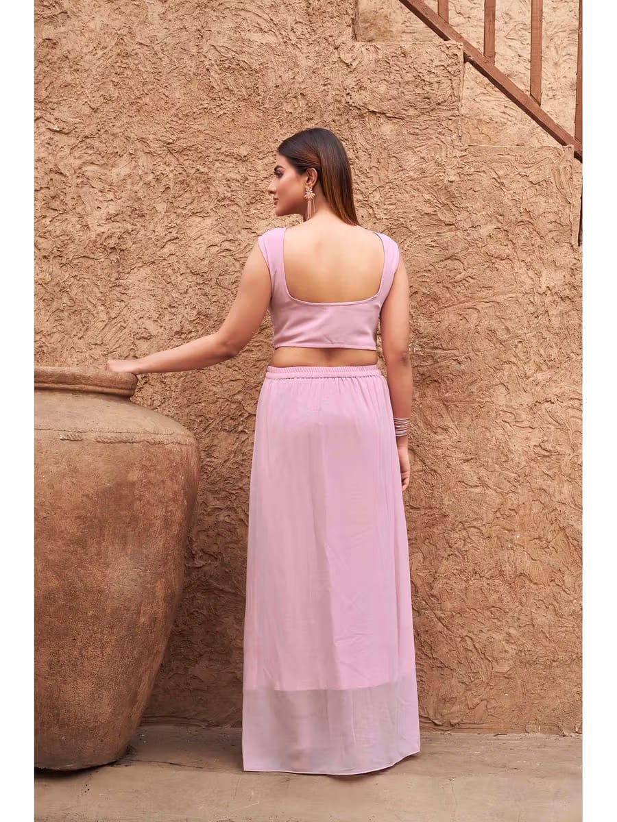 Women’s Lilac Pink 3-Piece Indo-Western Set – Crop Top, Draped Palazzo Pants & Long Shrug