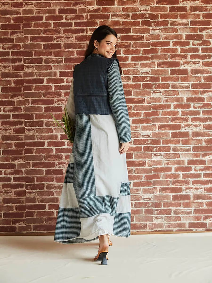 Women’s Indigo Grey Block-Printed & Checkered Maxi Dress with Embroidered Short Vest Jacket