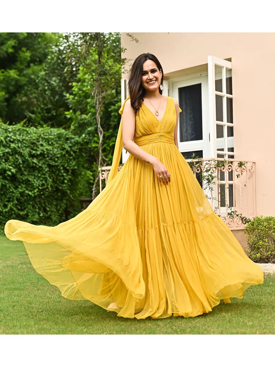 Women’s Mustard Yellow Tiered Georgette Anarkali Gown with Attached Shoulder Dupatta Drape