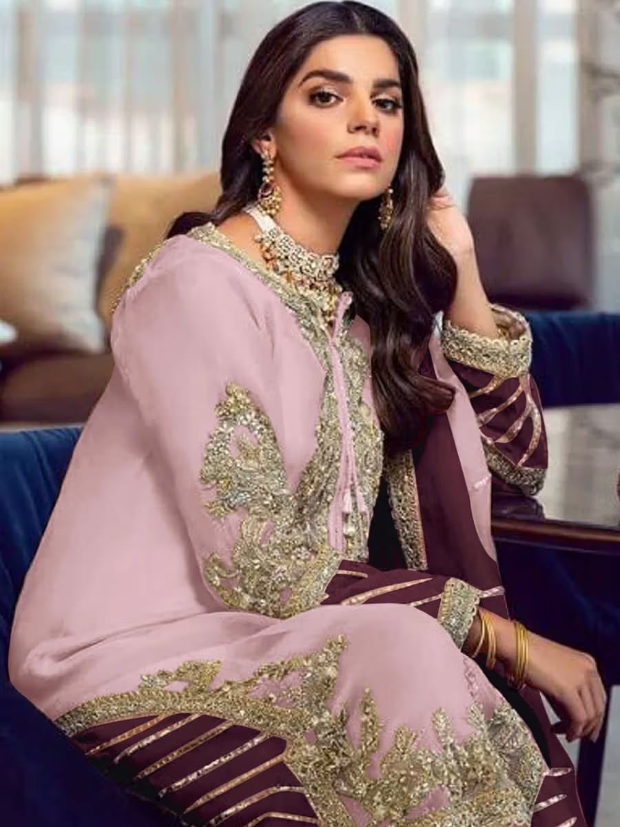Women’s Lilac & Wine Heavy Embroidered Pakistani-Style Straight Suit Set with Organza Dupatta