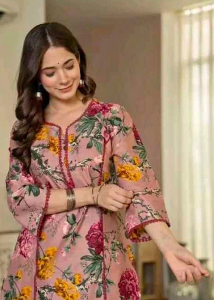 Women’s Dusty Rose Floral Printed Straight Kurti with Lace Trimming Details