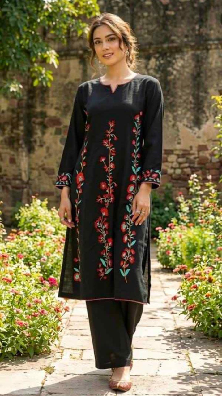 Women’s Black Floral Embroidered Straight Kurta with Palazzo Pants Set