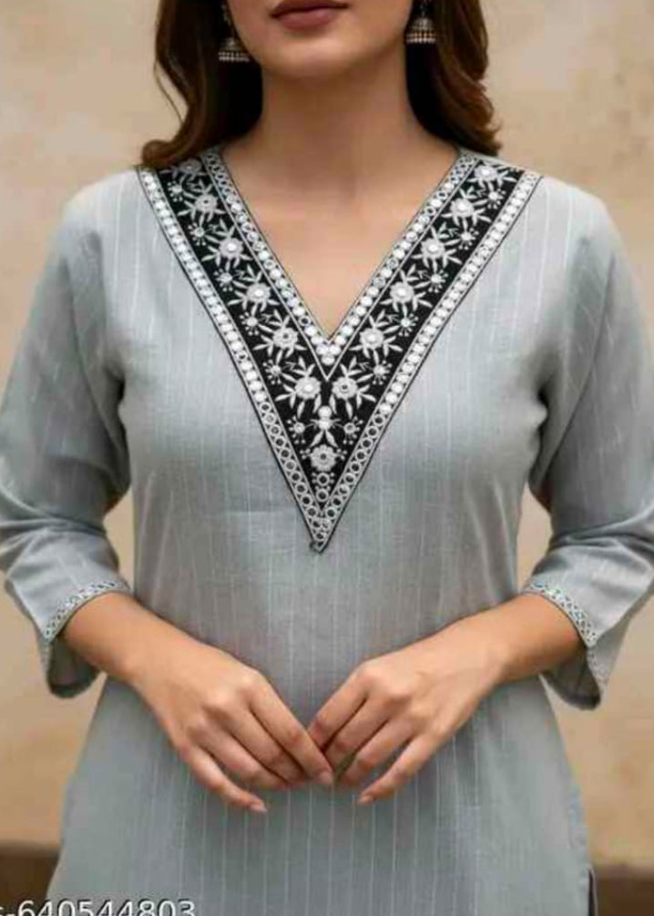 Women’s Grey Embroidered V-Neck Straight Kurta with Black Trousers Set