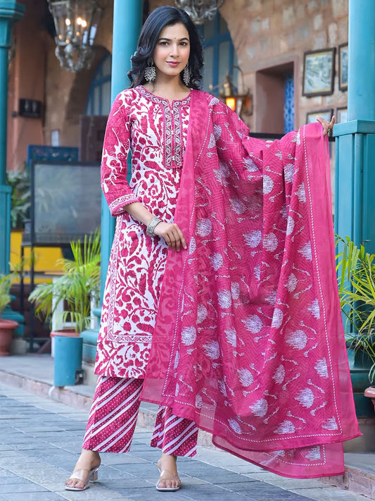 Women's Magenta Floral Block Print Kurta Set with Leheriya Pants & Dupatta