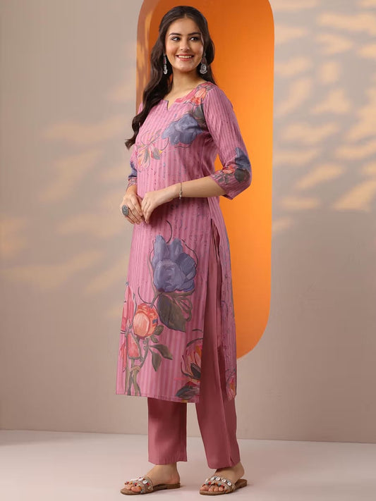 Women's Dusty Pink & Mauve Floral Printed Kurta Set with Dupatta