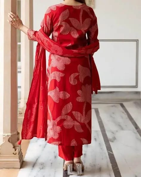 Women Crimson Red Floral Printed & Embroidered Straight Kurta
