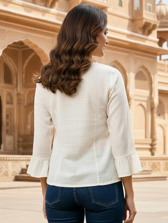 Women Off-White Slub Cotton Floral Embroidered Front Button Tunic Top with Bell Sleeves