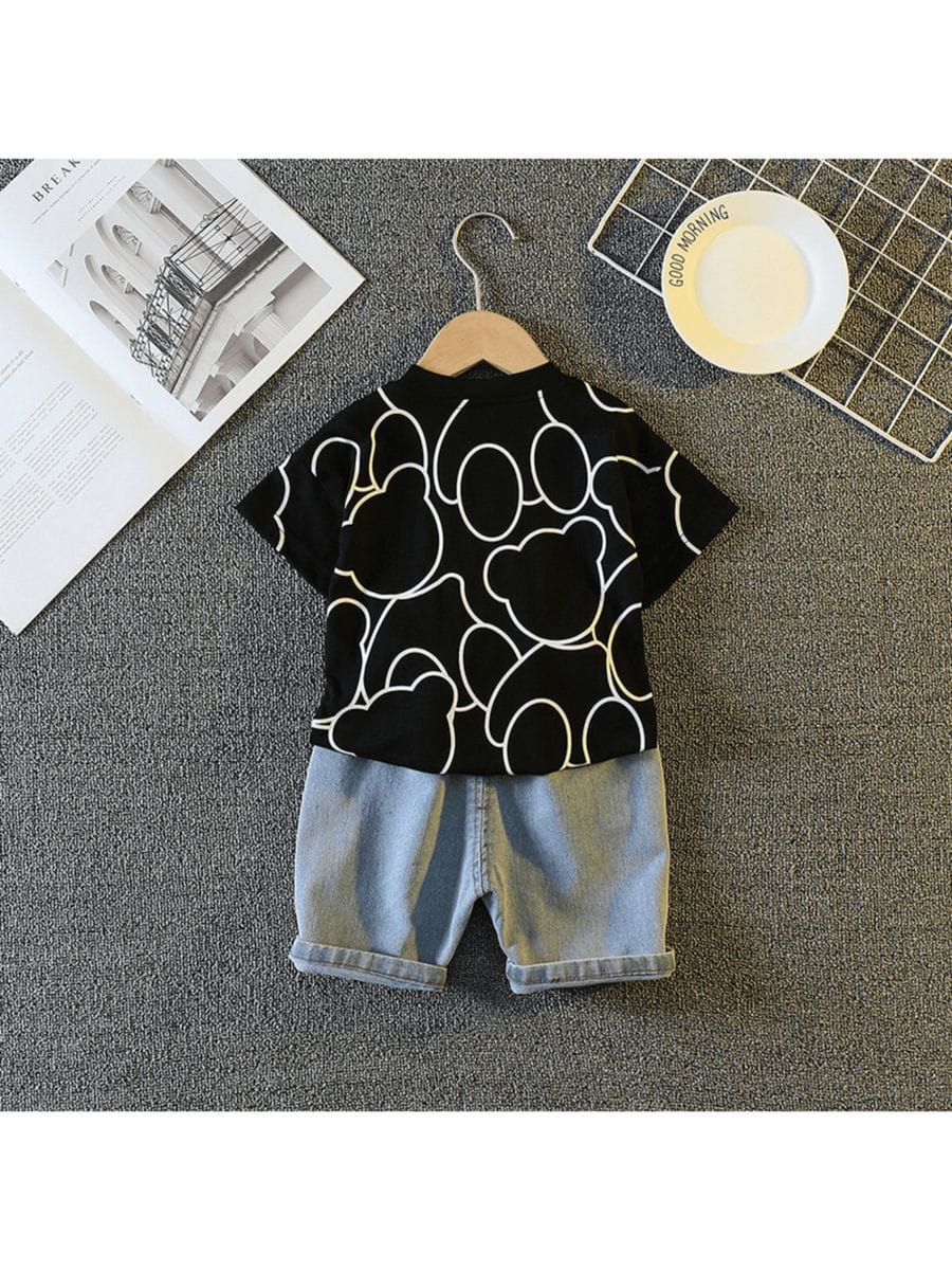 Toddler Boys 2-Piece Summer Outfit Set – Graphic Bear T-Shirt & Distressed Denim Shorts