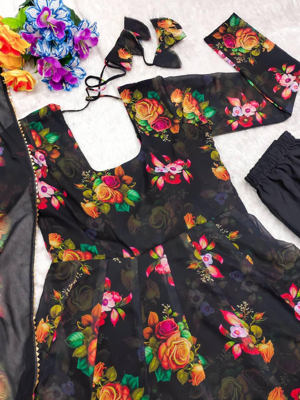 Women’s Black Floral Printed Georgette Anarkali Suit Set