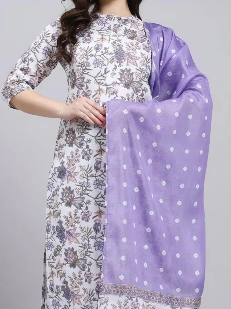 Women’s Lavender Floral Printed Pure Cotton Kurta Set with Chiffon Dupatta