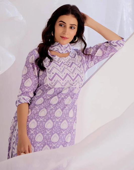 Women’s Lilac Leaf Block Printed Pure Cotton Kurta Set with Dupatta
