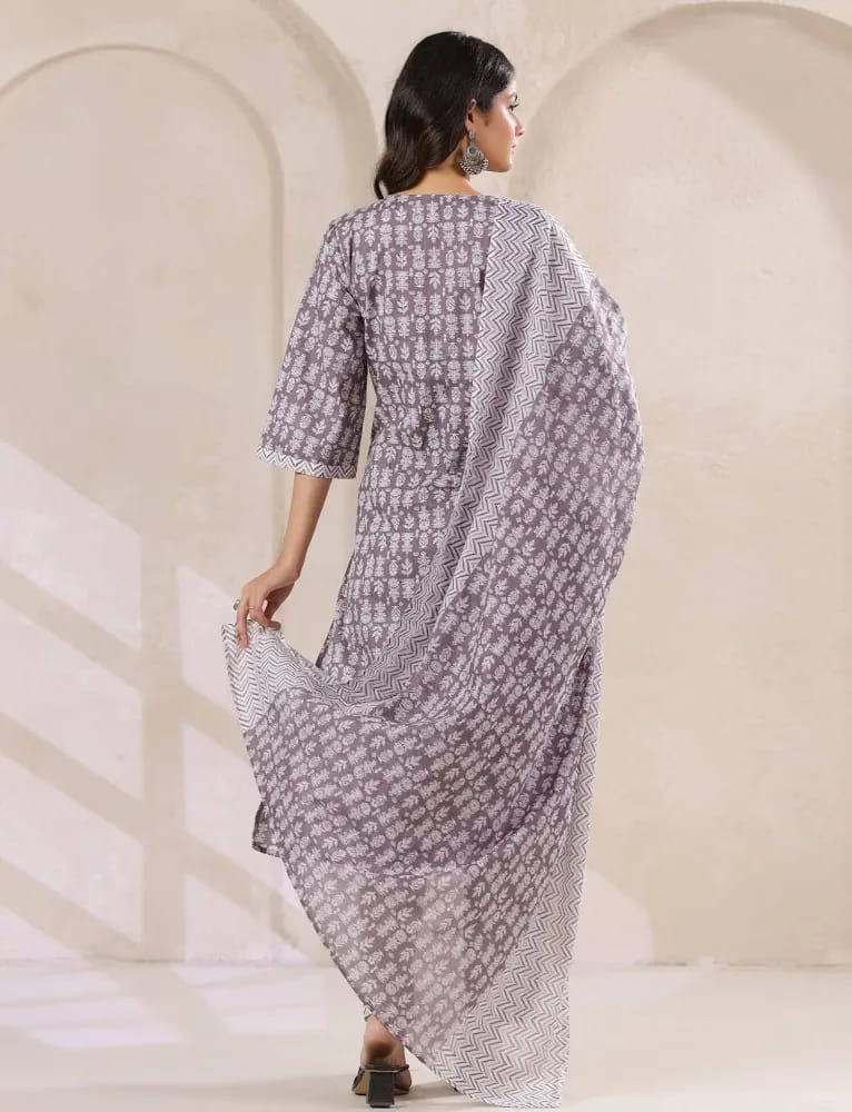 Women’s Slate Grey Floral & Chevron Printed Pure Cotton Kurta Set with Dupatta