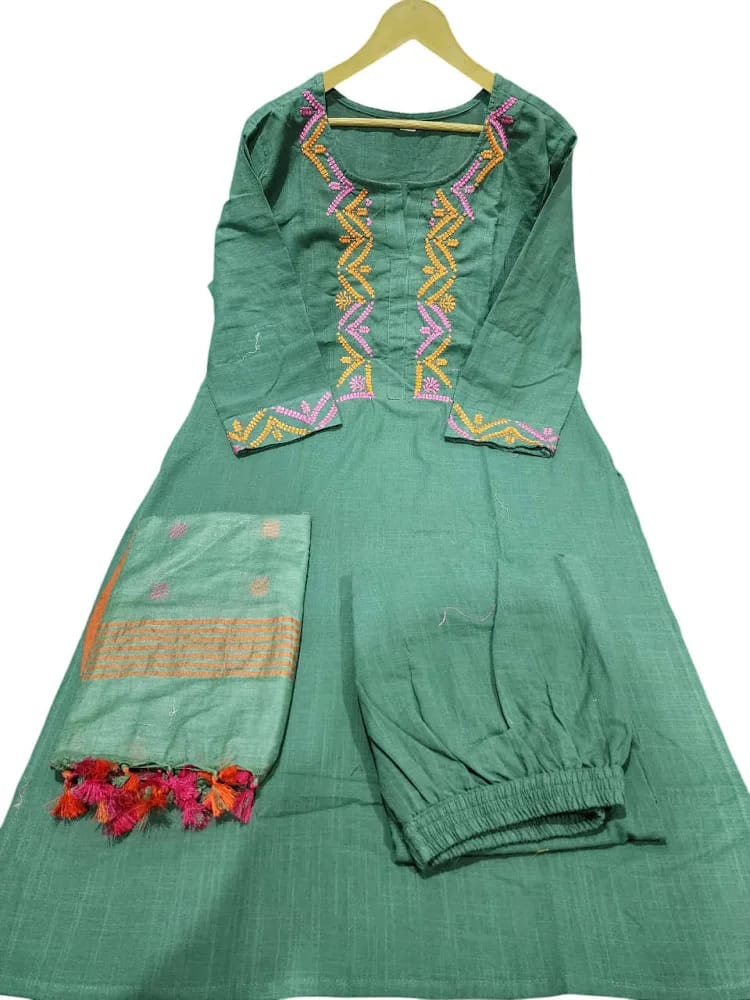 Women’s Sage Green Cotton Kurta Set with Pink-Orange Embroidery & Printed Dupatta