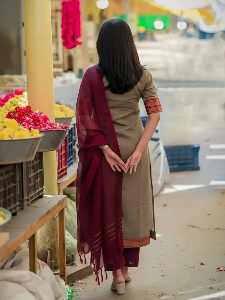 Women’s Taupe Grey Chanderi Silk Kurta Set with Maroon Zari Dupatta
