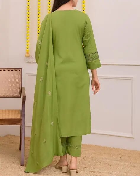 Women’s Olive Green Floral Embroidered Cotton Kurta Set with Scalloped Yoke & Shell Tassels