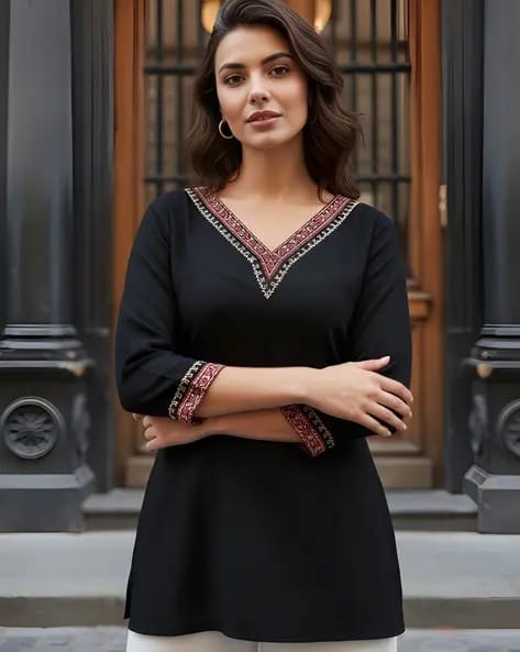 Women’s Black Embroidered V-Neck Short Kurti Top