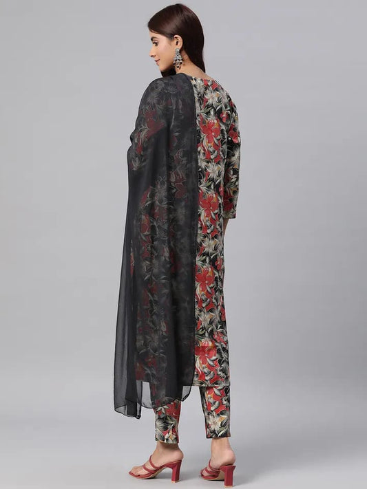 Women’s Black & Red Floral Printed Cotton Kurta Set with Chiffon Dupatta