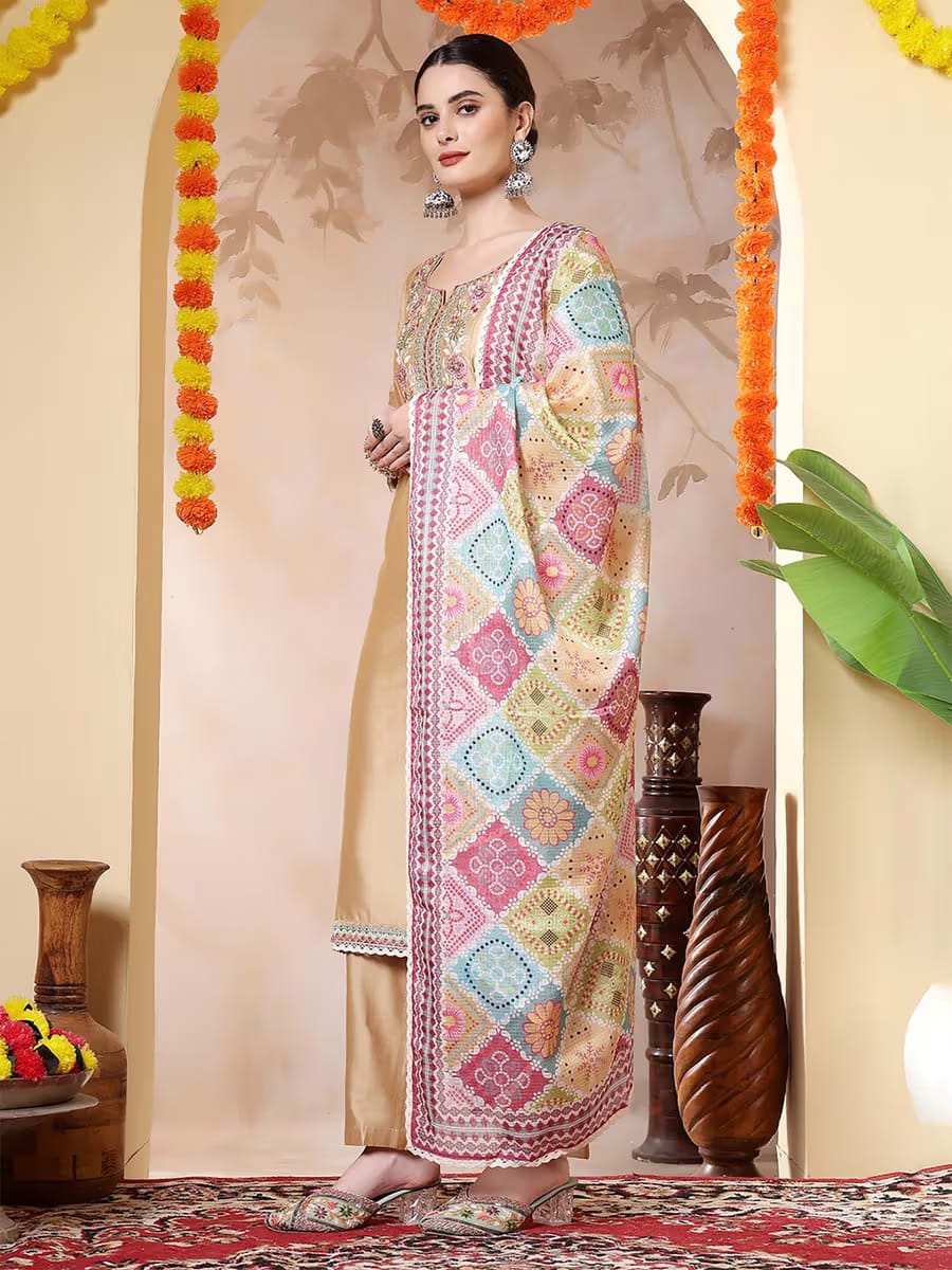 Women’s Beige Gold Silk Blend Embroidered Kurta Set with Multi-Color Phulkari/Geometric Printed Dupatta